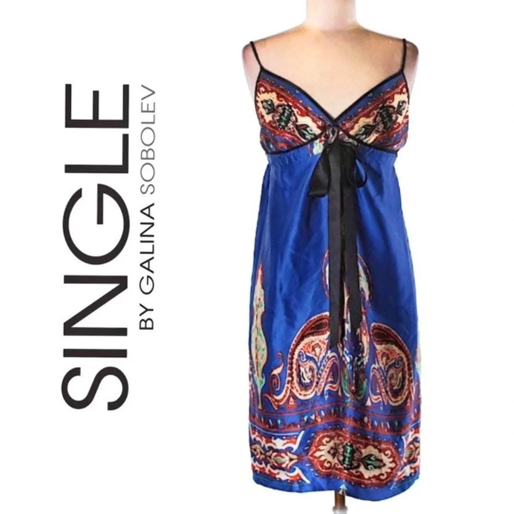 Women’s SINGLE BY GALINA SOBOLEV Blue Paisley 100% Silk Slip Boho Spring Dress S